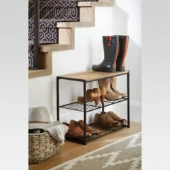 3 Tier Shoe Rack Black Metal With Natural Wood - Brightroom™
