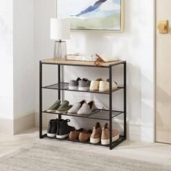 4 Tier Shoe Rack Black Metal With Natural Wood - Brightroom™
