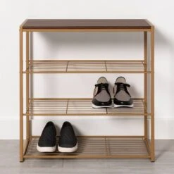 4 Tier Shoe Rack Brass With Walnut Wood - Brightroom™